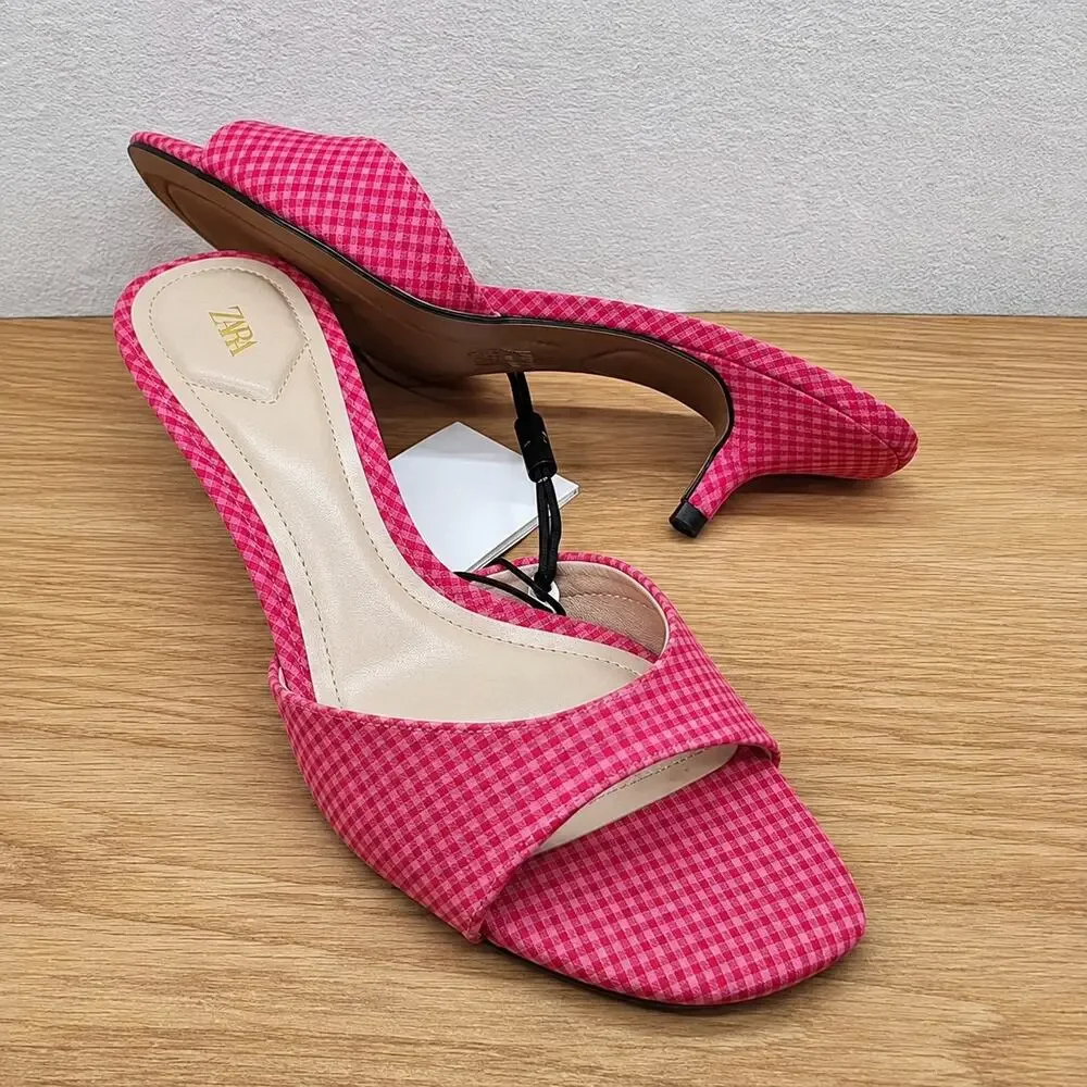 Zara NWT Pink Gingham Square Toe Kitten Heel Mules 7.5 8 9
